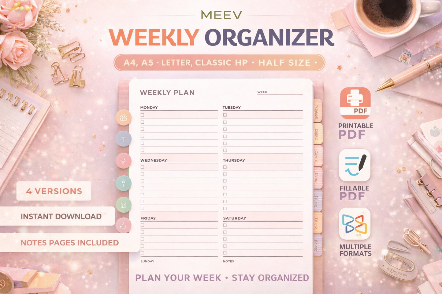 Printable Weekly Organizer Planner – Minimal Weekly Planner Template (A4, A5, Letter, Half Letter, Happy Planner) | Digital Weekly Schedule | Printable & Fillable PDF