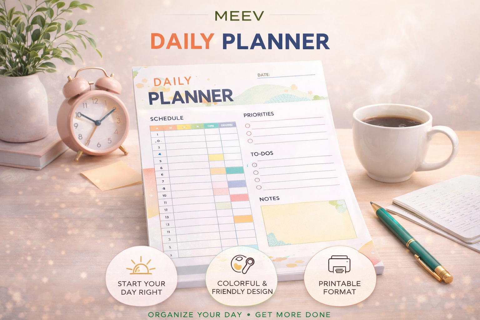 Minimalist Printable Daily Planner PDF – Undated Productivity Planner with Hourly Schedule, To-Do List & Priority Tracker (A4, A5, Letter, Half Letter)