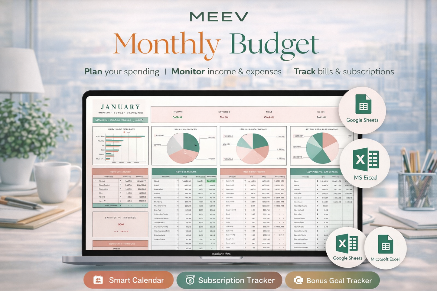 Monthly Budget Template Excel & Google Sheets – Bill Tracker, Budget Planner & Monthly Expenses Spreadsheet