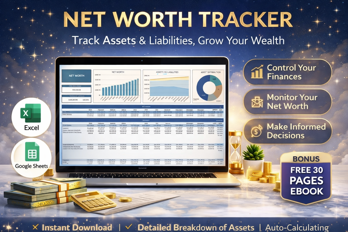 Net Worth Tracker Spreadsheet for Google Sheets & Excel – Personal Finance Dashboard, Assets & Liabilities Calculator, Net Worth Planner Template