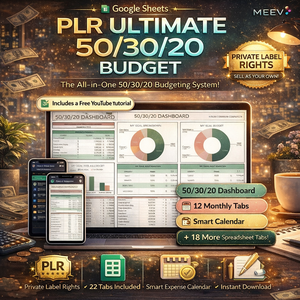 PLR 50/30/20 budget spreadsheet dashboard in Google Sheets