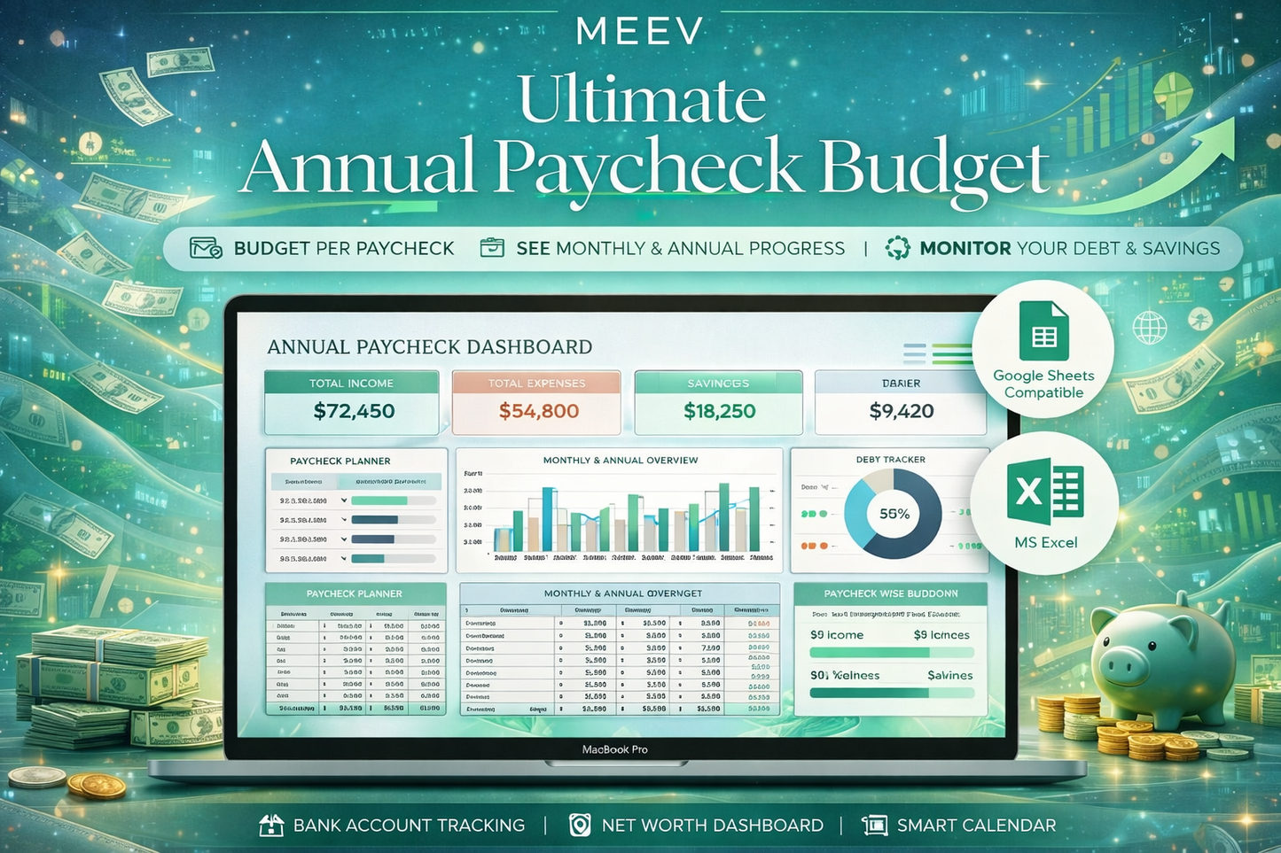 Annual Paycheck Budget Template – Biweekly & Weekly Budget Spreadsheet for Excel & Google Sheets | Personal Finance & Debt Payoff Planner
