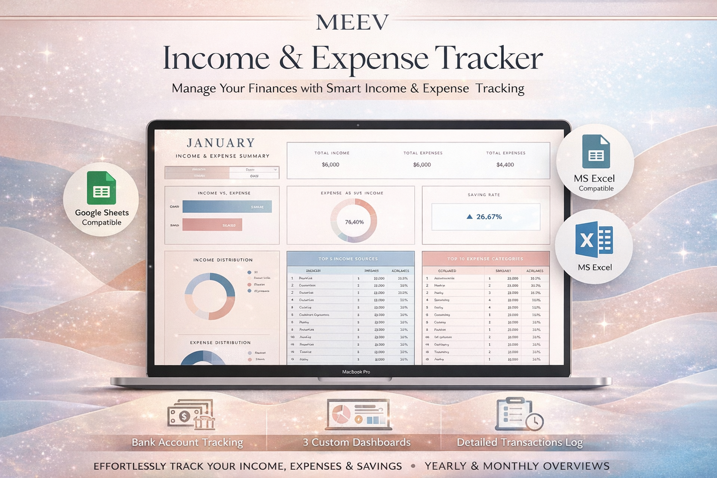 Income & Expense Tracker Spreadsheet – Personal Finance Tracker Google Sheets & Excel Template | Annual & Monthly Financial Planner Dashboard