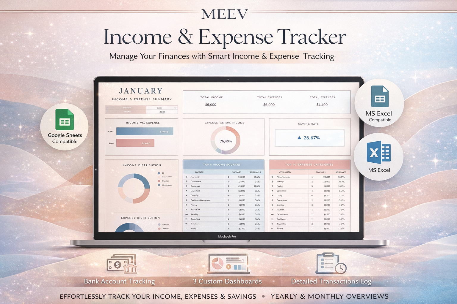 Income & Expense Tracker Spreadsheet – Personal Finance Tracker Google Sheets & Excel Template | Annual & Monthly Financial Planner Dashboard