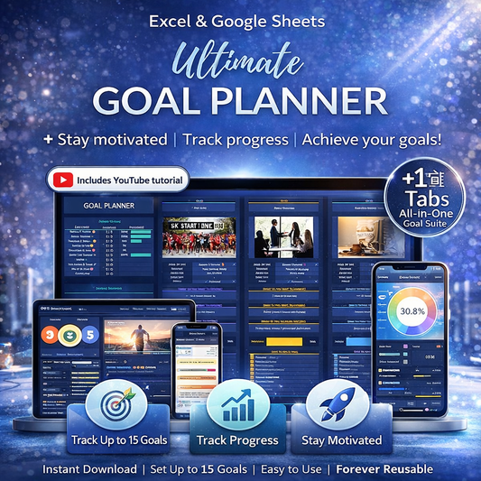 Ultimate Goal Planner Spreadsheet – Dark Mode Google Sheets & Excel Goal Tracker with Automated Dashboard