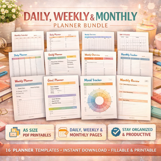 Minimalist A5 Planner Inserts Printable Bundle – Monthly, Weekly & Daily Planner Pages | Instant Download PDF