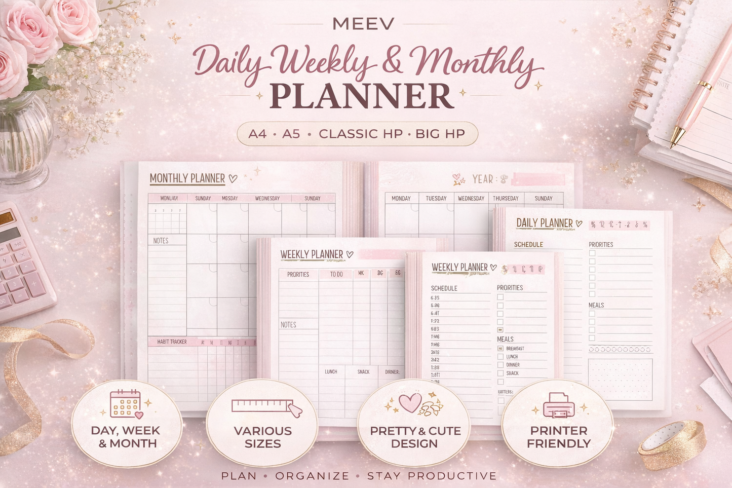 Printable Daily Weekly Monthly Planner Bundle – A4, A5, US Letter & HP Classic | Undated Productivity Planner | Instant Download PDF