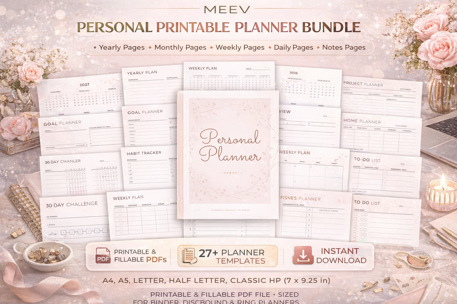 Minimalist Personal Planner Bundle Printable & Digital – A4 A5 Letter Half Letter Happy Planner | Fillable PDF Planner for iPad, Tablet & PC