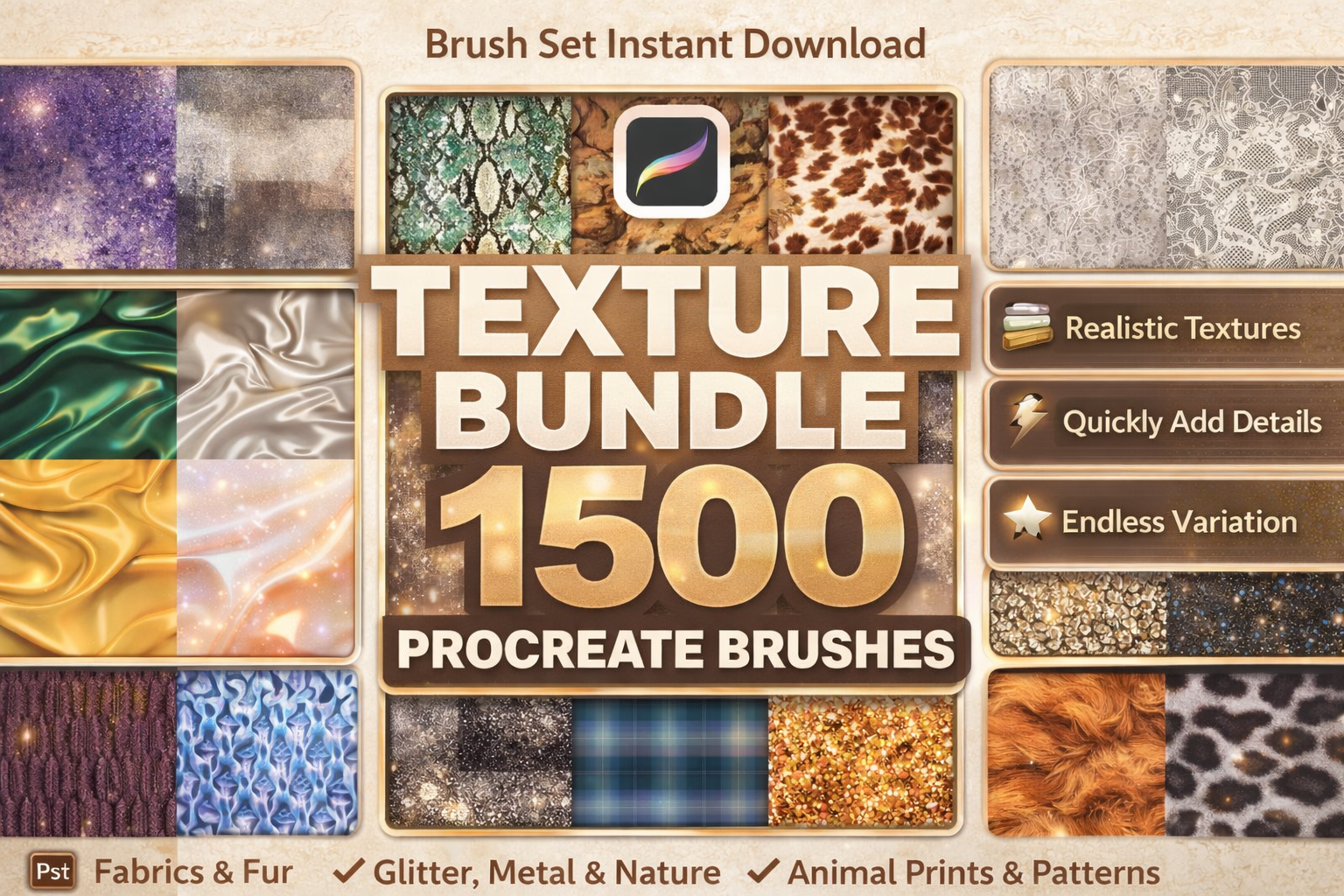 Ultimate Procreate Texture Brush Bundle – 1500 Fashion & Fabric Brushes for Realistic Textiles, Lace, Fur, Glitter & Grunge Effects