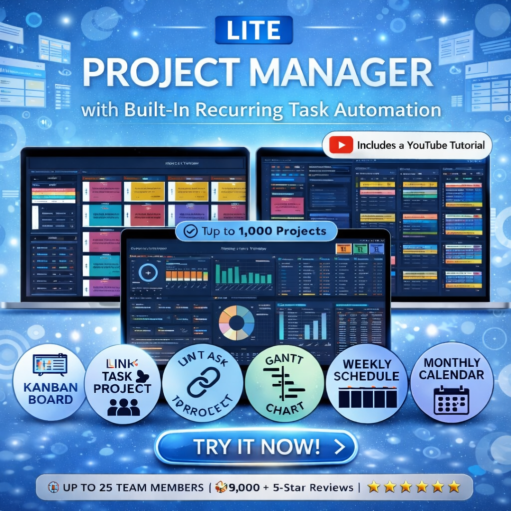 Project Manager LITE Spreadsheet for Google Sheets & Excel – Project Tracker with Gantt Chart, Kanban Board & Recurring Tasks