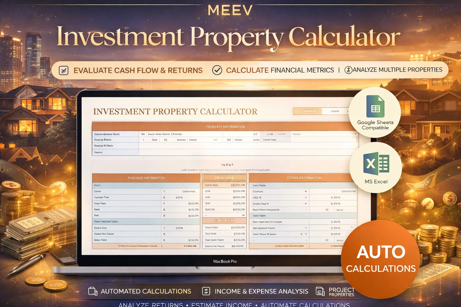Rental Property Calculator Spreadsheet – Investment Property Analysis Template for ROI, Cash Flow & Airbnb Rentals (Excel & Google Sheets)