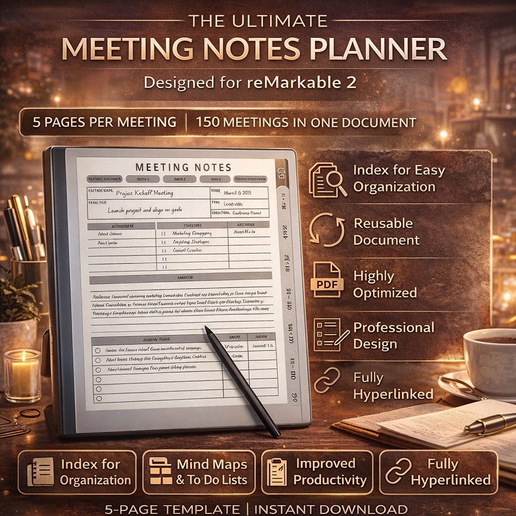 Ultimate Meeting Notes Planner for reMarkable 2 & Paper Pro – 150 Hyperlinked Meeting Templates, Agenda, Action Items & Productivity Toolkit (Instant Digital Download)