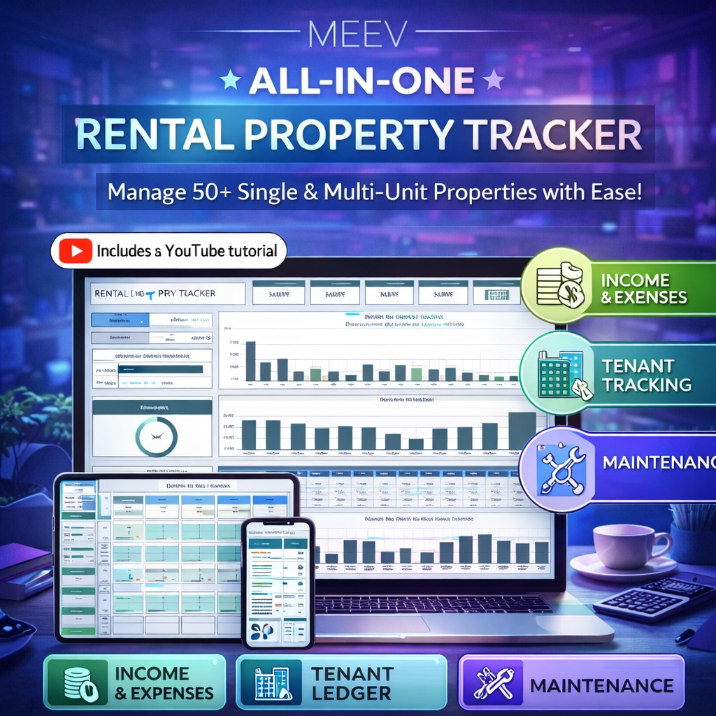 Rental Property Tracker Spreadsheet for 50 Properties – Landlord Income & Expense Tracker, Tenant Ledger, Multi-Year Real Estate Dashboard (Excel & Google Sheets)