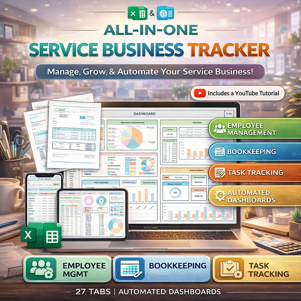 All-in-One Service Business Tracker Spreadsheet for Google Sheets & Excel | Small Business Bookkeeping, Invoice, Client & Job Management Template