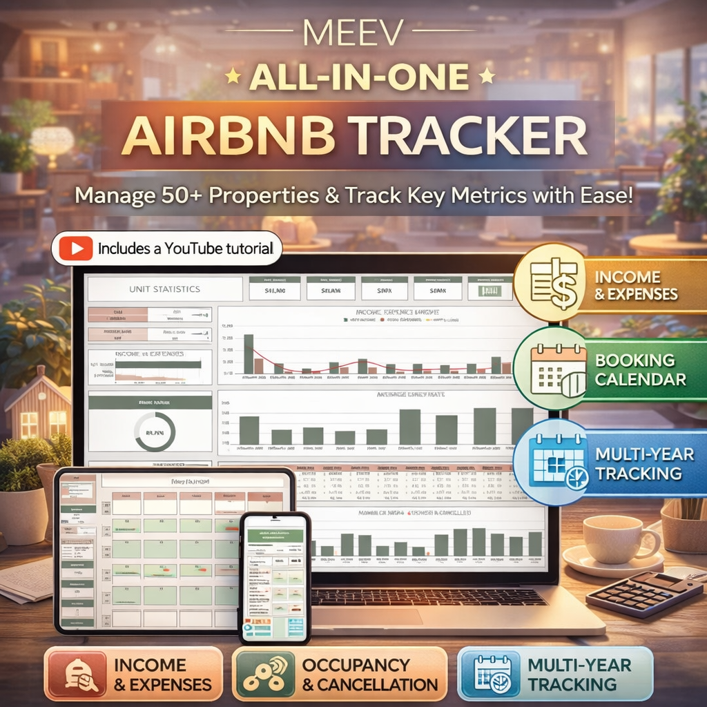 Airbnb Tracker Spreadsheet for 50 Properties – Short-Term Rental Income & Expense Tracker (Google Sheets + Excel) with Dashboard & Booking Calendar