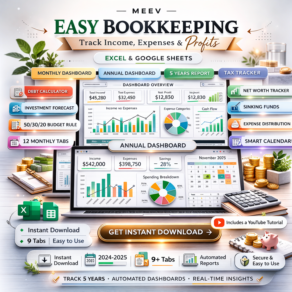 Small Business Bookkeeping Spreadsheet Template for Google Sheets & Excel – Income, Expense, Sales & Profit Tracker with Automated Dashboards