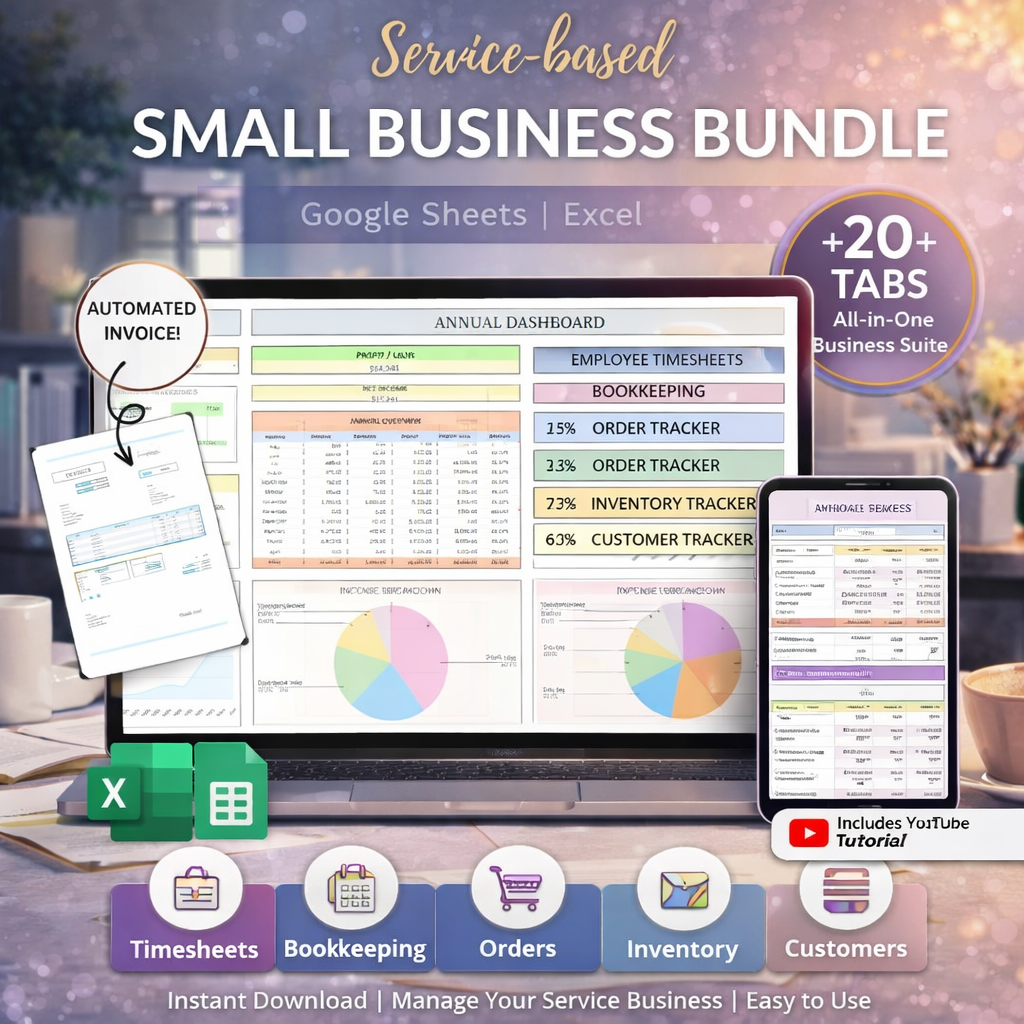 Small Business Tracker Spreadsheet Bundle – Google Sheets & Excel Bookkeeping, Inventory, Order & Payroll Template