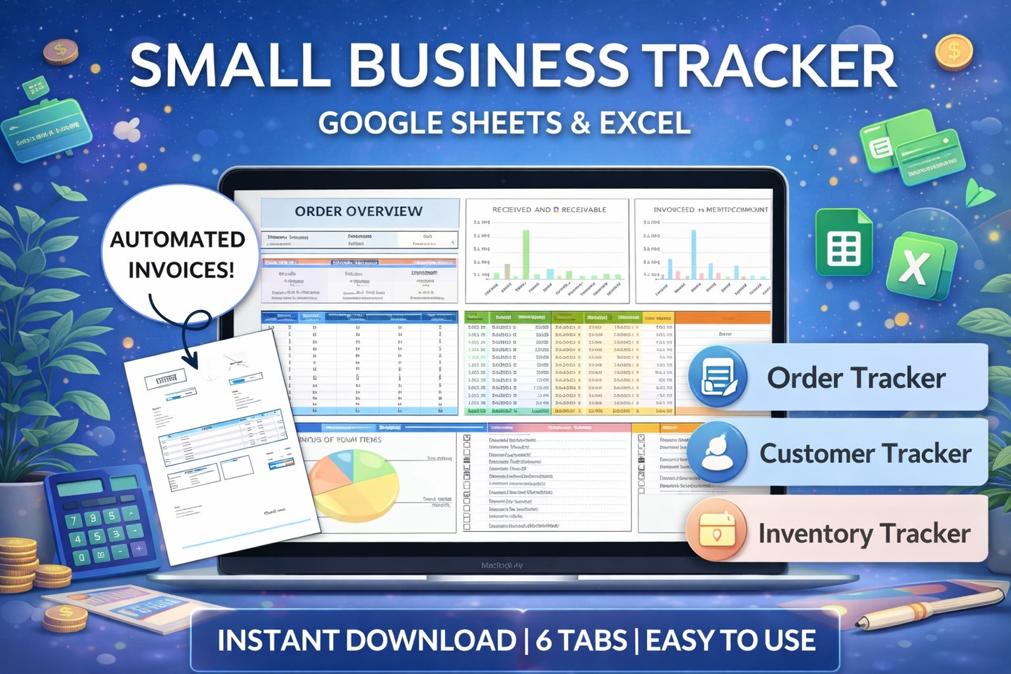 Small Business Tracker Spreadsheet for Google Sheets & Excel – Inventory, Order, Sales & Customer Tracker for Etsy Sellers