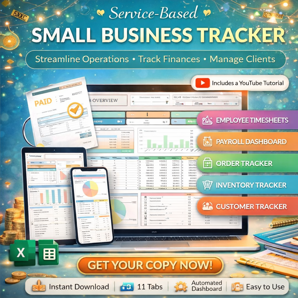 Small Business Tracker Spreadsheet for Google Sheets & Excel – Inventory, Customer, Payroll & Order Management Dashboard