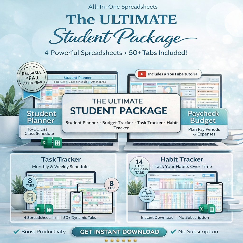 Student Planner Bundle for Google Sheets & Excel – Academic Planner, Assignment & Task Tracker, Budget & Habit Tracker with Automated Calendar