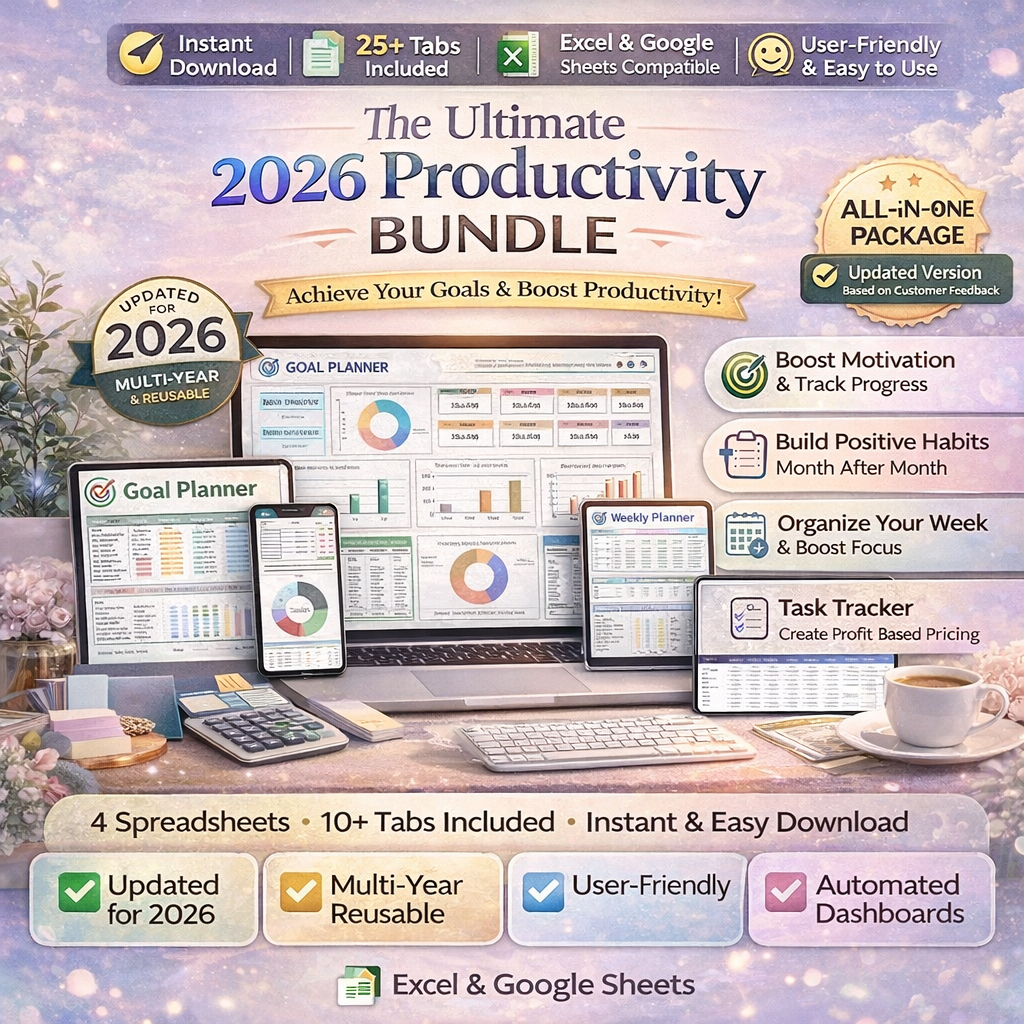 2026 productivity planner bundle for Google Sheets and Excel