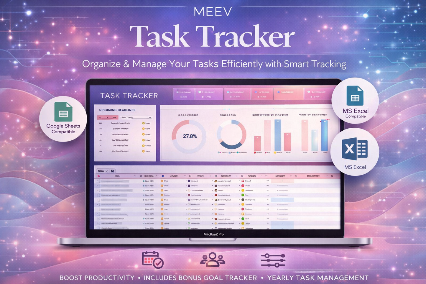 Ultimate Task Tracker Spreadsheet – Google Sheets & Excel Productivity Template with Smart Calendar & Goal Tracker