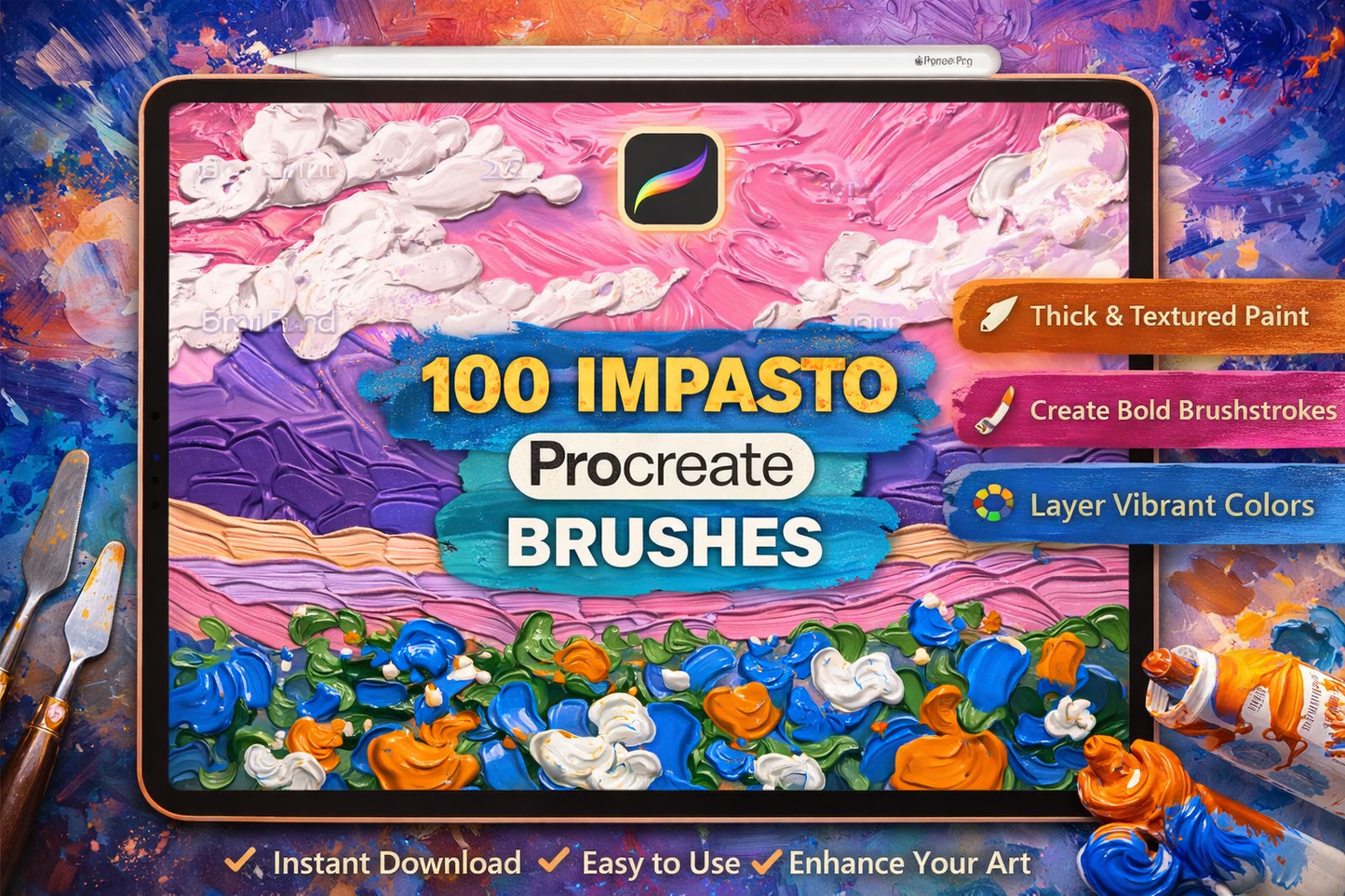 100 Impasto Procreate Brushes – Thick Oil Paint & Palette Knife Texture Brush Set for iPad Digital Painting