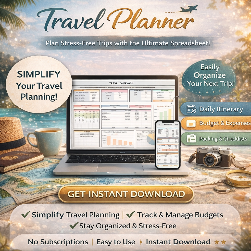 Ultimate Travel Planner Google Sheets & Excel Template – Vacation Itinerary, Holiday Organizer, Family Travel Budget Spreadsheet & Packing List