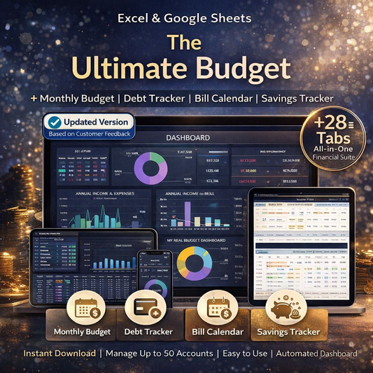 Ultimate Budget Spreadsheet for Google Sheets & Excel – Annual & Monthly Budget Planner, Debt & Savings Tracker, Financial Dashboard (Dark Mode)