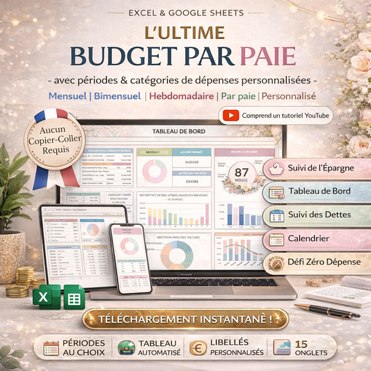 Ultimate Paycheck Budget Spreadsheet – Google Sheets & Excel Budget Planner with Debt Tracker, Savings Dashboard & 50/30/20 Calculator (French Version)