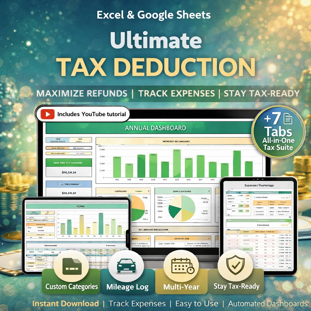 Ultimate Tax Deduction Tracker Spreadsheet for Google Sheets & Excel – Business Expense & Mileage Log for Freelancers & Small Business Owners