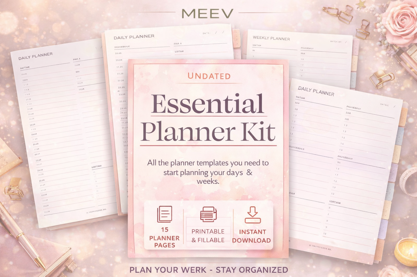 Undated Printable Planner Bundle – Daily, Weekly & Monthly PDF Planner Kit | Fillable Productivity Planner | A4 A5 Letter Instant Download