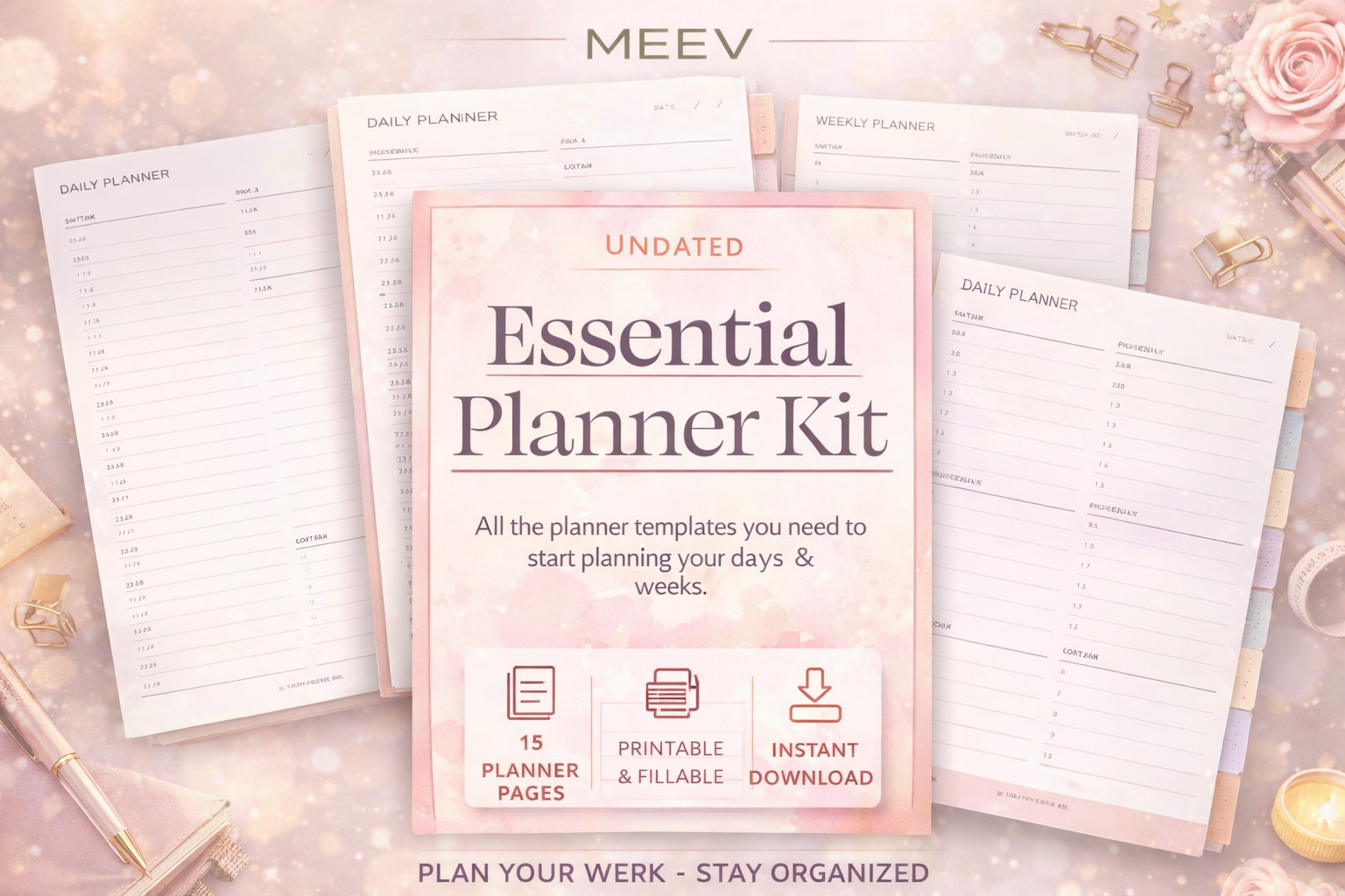 Undated Printable Planner Bundle – Daily, Weekly & Monthly PDF Planner Kit | Fillable Productivity Planner | A4 A5 Letter Instant Download