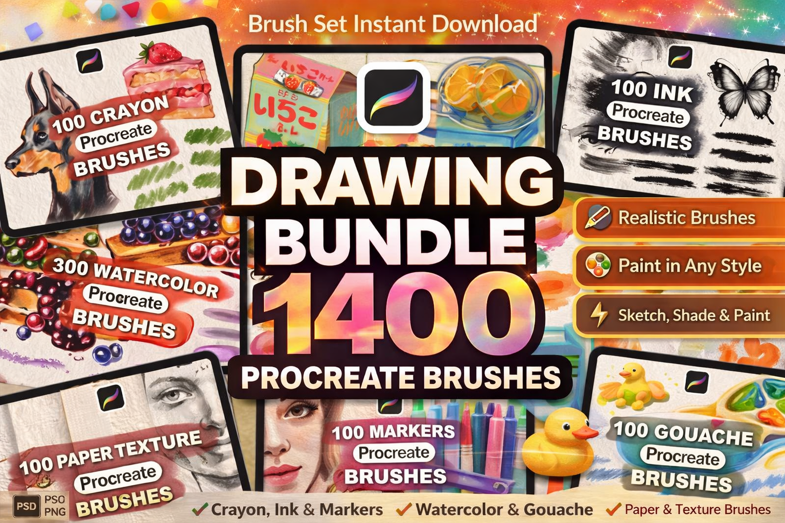 Ultimate Procreate Drawing Bundle – 1,300+ Watercolor, Oil, Ink, Marker & Paper Texture Brushes for Realistic iPad Art