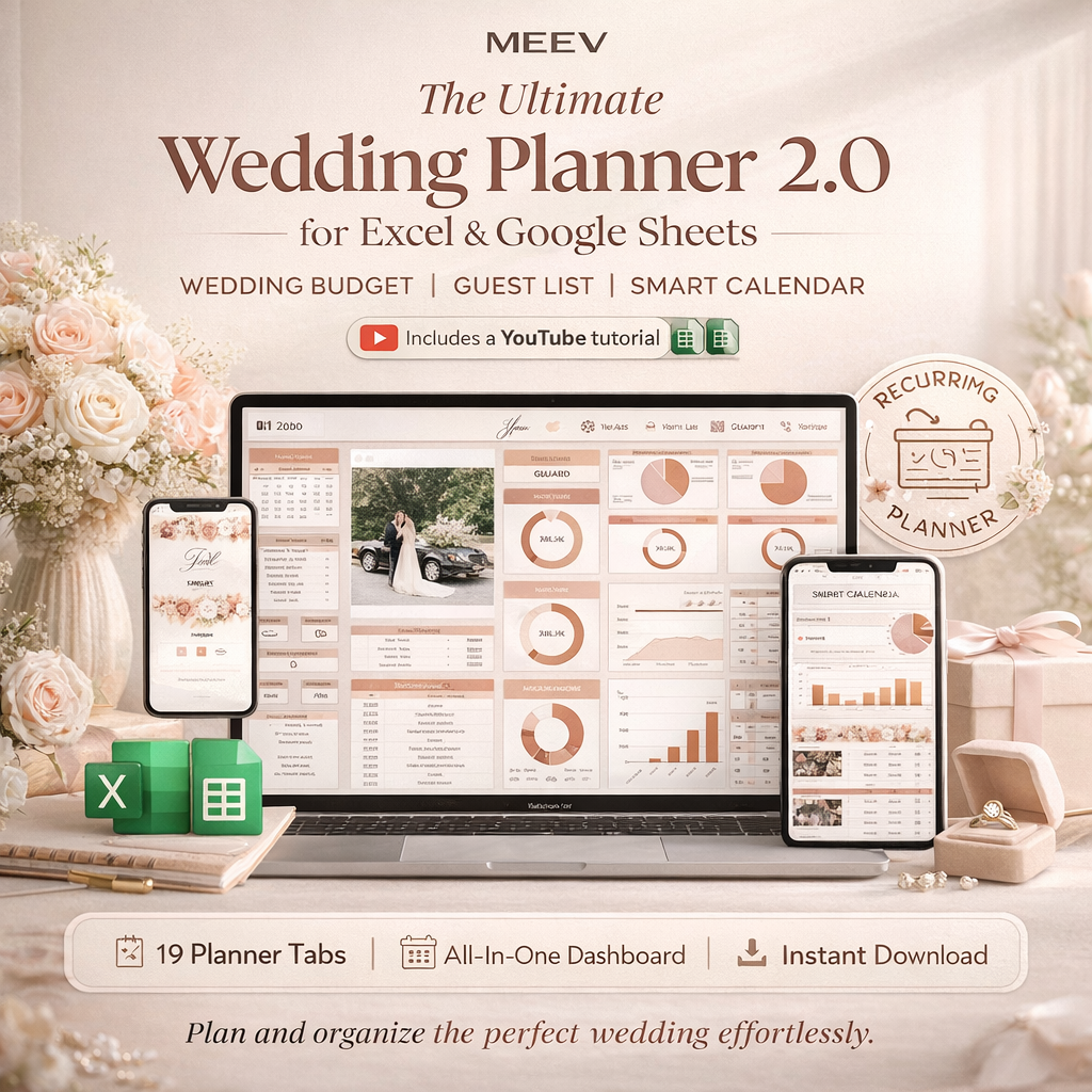 Ultimate Wedding Planner Spreadsheet for Google Sheets & Excel – Wedding Budget, Guest List, Timeline & Seating Plan Tracker