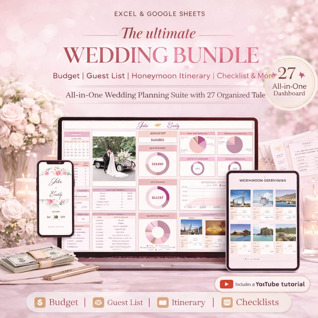 Ultimate Wedding Planner Spreadsheet Bundle – Wedding Budget, Guest List & Honeymoon Travel Planner for Google Sheets & Excel