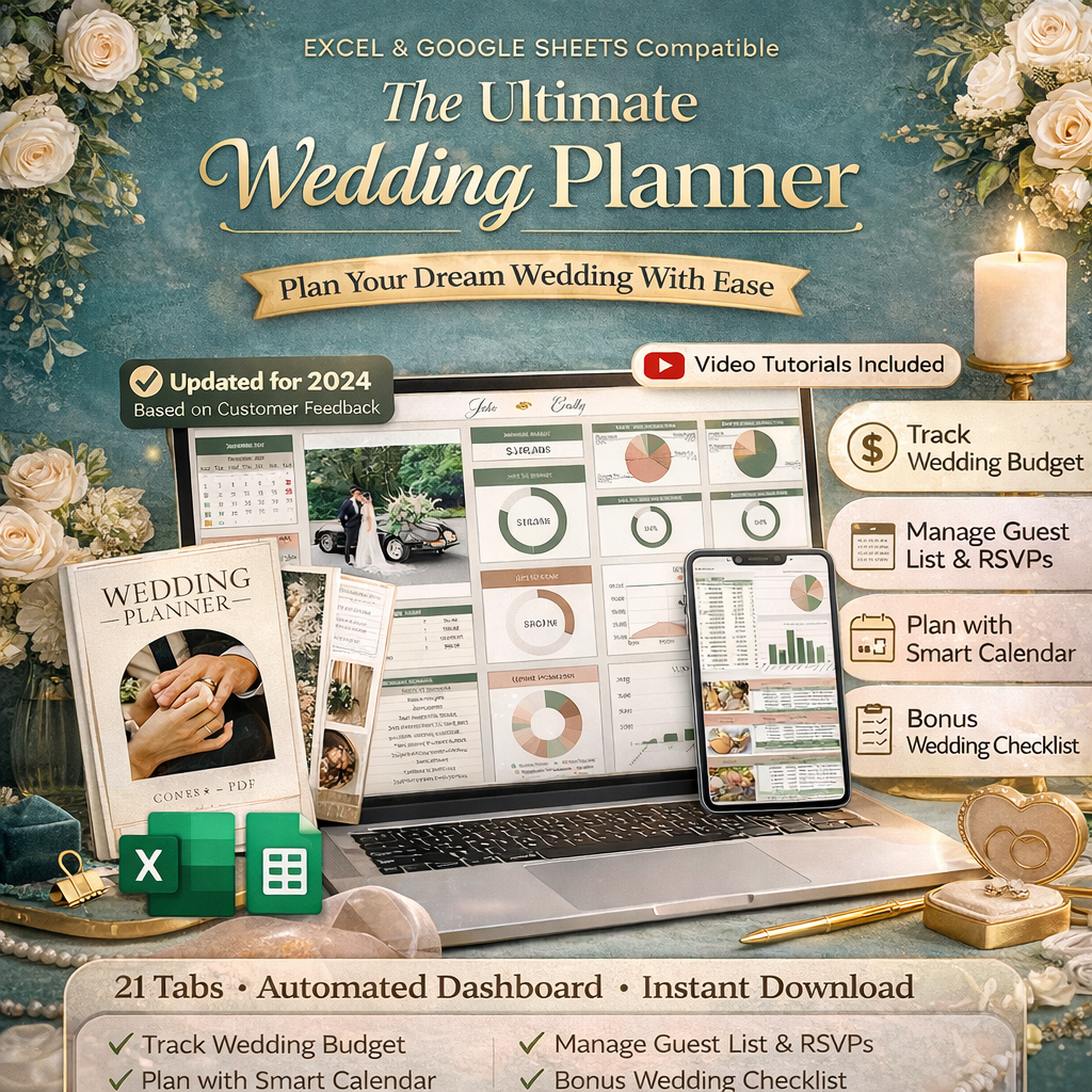 All-in-one wedding planner spreadsheet dashboard for Google Sheets and Excel