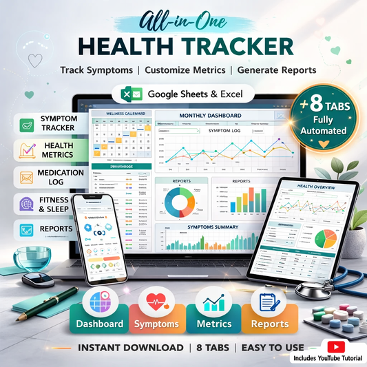 Health Tracker Spreadsheet for Google Sheets & Excel – Wellness, Symptom & Mental Health Log with Automated Dashboards
