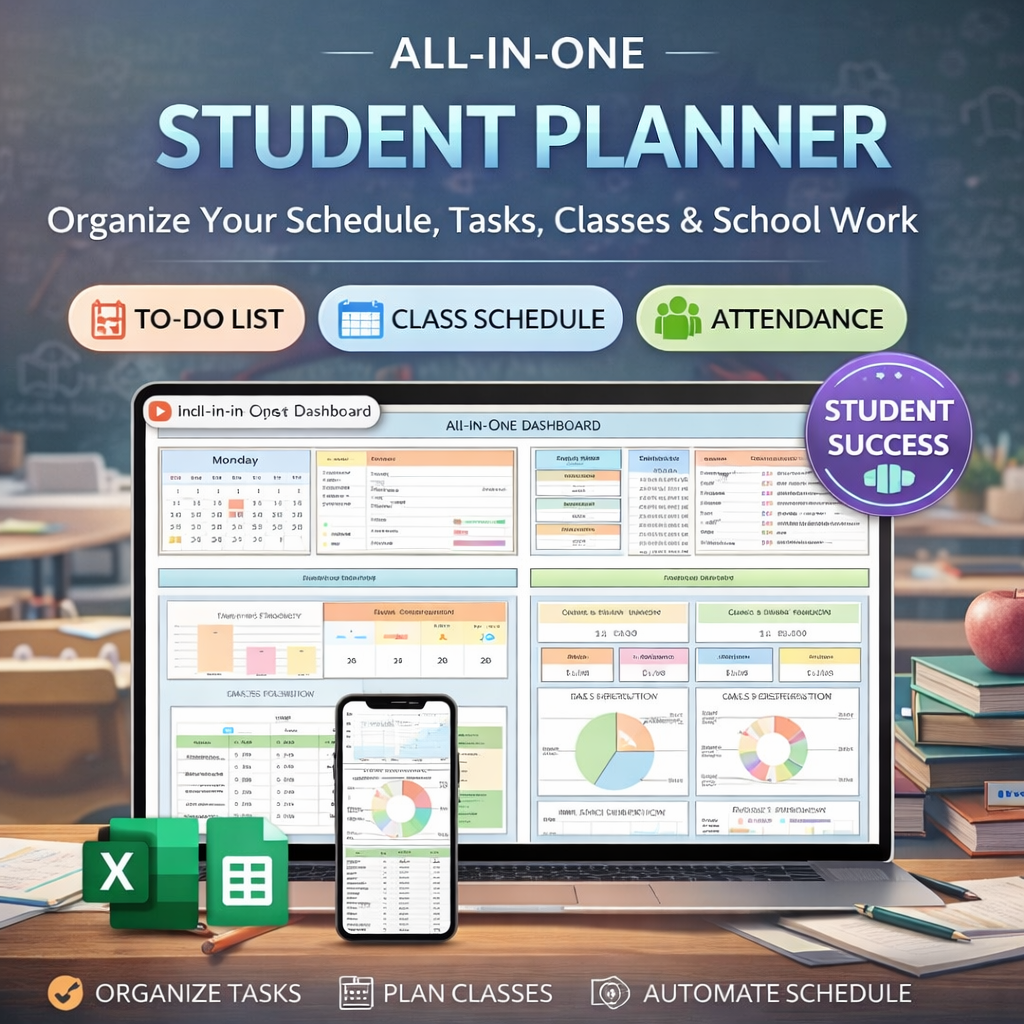 Automated calendar view in student planner spreadshee