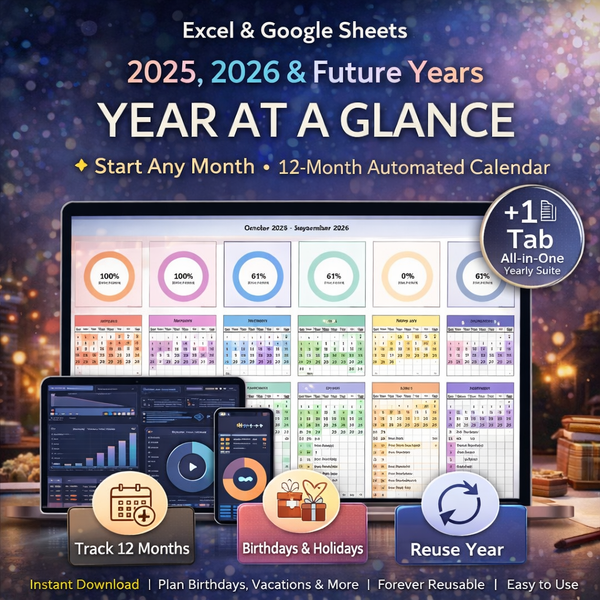 2026 Year at a Glance Planner Spreadsheet – Annual Calendar Template for Google Sheets & Excel | Undated Yearly Overview & Event Tracker