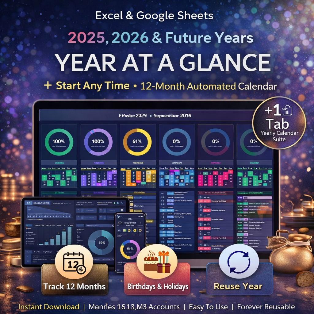 Year at a Glance Planner Spreadsheet 2026 (Dark Mode) – Undated Annual Calendar for Google Sheets & Excel