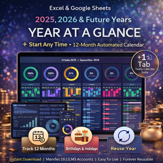 Year at a Glance Planner Spreadsheet 2026 (Dark Mode) – Undated Annual Calendar for Google Sheets & Excel